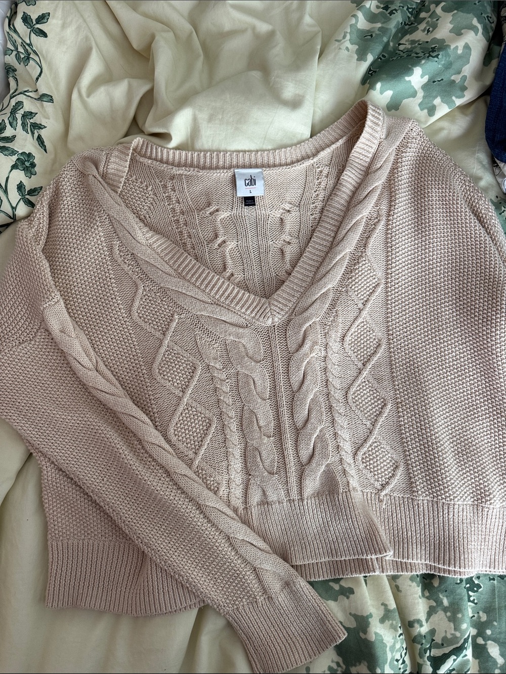 CABI Neutral Off-The-Shoulder Cable-Knit V-Neck Sweater